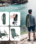 Low Beach Chair With High Back Foldable And Lightweight For Outdoor Use includes carry bag and cup holder in various images.