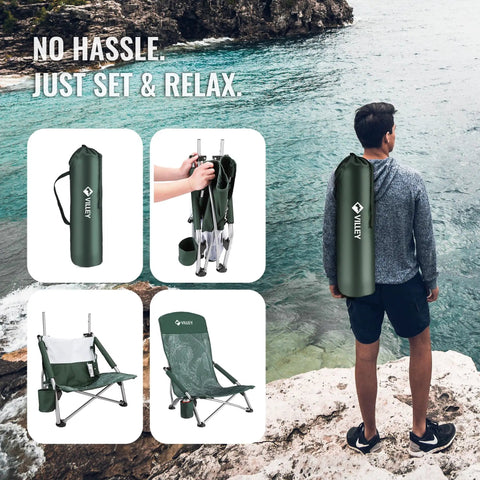 Low Beach Chair With High Back Foldable And Lightweight For Outdoor Use includes carry bag and cup holder in various images.