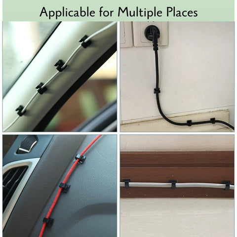 Stick On Cable Clips 30 Pack Black Adhesive Cord Organizer for desk and office, securing cables on car dashboard and walls.