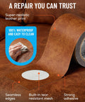 Roll of whiskey leather repair tape on a brown couch, showing its waterproof and seamless application.