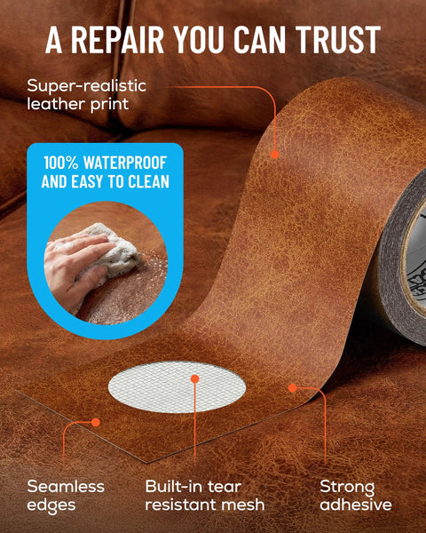 Roll of whiskey leather repair tape on a brown couch, showing its waterproof and seamless application.