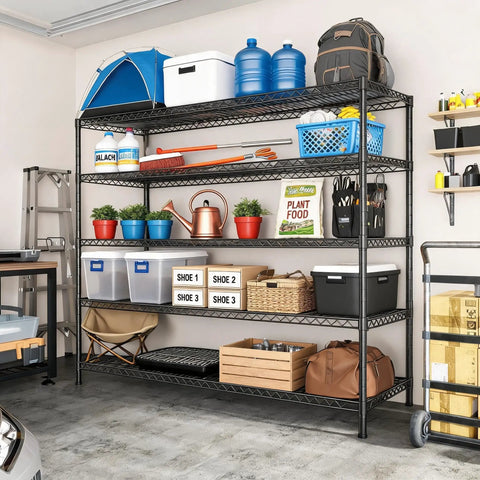 Heavy Duty Five Tier Garage Storage Shelving Unit Featuring An Adjustable Metal Wire Build With Rock Solid Craftsmanship Designed As A Versatile Workhorse For Basement Pantry Or Warehouse Organization Handling Massive Loads With Zero Fuss, showcasing organized storage with various items.