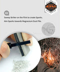 Close-up of AF-374 Two Pack Magnesium Fire Starter being used, showing flint and magnesium dust pile for outdoor survival.