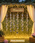 Photo backdrop with warm white 300 LED curtain lights and remote control, ideal for weddings and parties, 9.8 by 9.8 feet