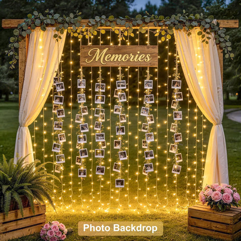 Photo backdrop with warm white 300 LED curtain lights and remote control, ideal for weddings and parties, 9.8 by 9.8 feet