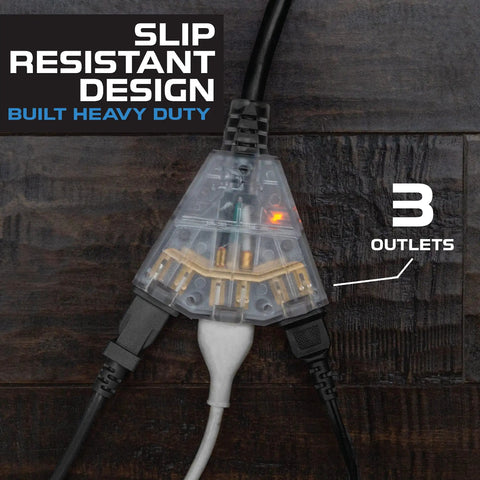 Heavy Duty 12 Gauge Extension Cord With Multi Outlets 100 Foot Black Oil Resistant Jacket Super Flexible In Freezing Temps, showing three outlets.