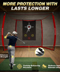 Golfer using Golf Practice Net With Impact Screen 10 By 8 Feet Ideal For Home Backyard Garage Swing Training Indoor Outdoor Use In A Realistic Golf Cage With Simulator Screen And Target Cloth For Realistic Safe Hitting Practice Dialed In.