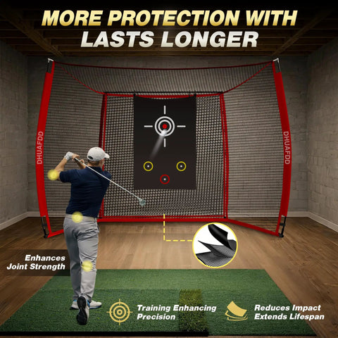 Golfer using Golf Practice Net With Impact Screen 10 By 8 Feet Ideal For Home Backyard Garage Swing Training Indoor Outdoor Use In A Realistic Golf Cage With Simulator Screen And Target Cloth For Realistic Safe Hitting Practice Dialed In.