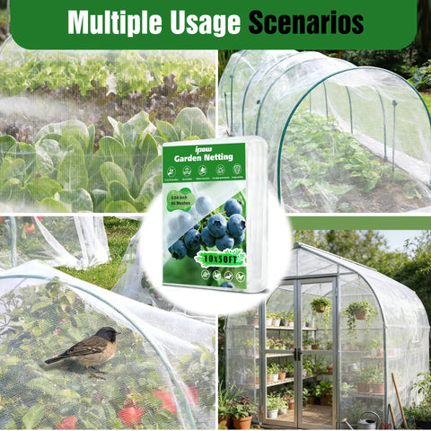 Ultra Fine Garden Mesh Netting 10x50 Ft Pest Barrier for Raised Beds in use over berries, vegetables, and greenhouse.