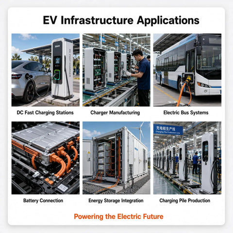 Collage of EV infrastructure applications including DC fast charging stations, charger manufacturing, and electric bus systems.