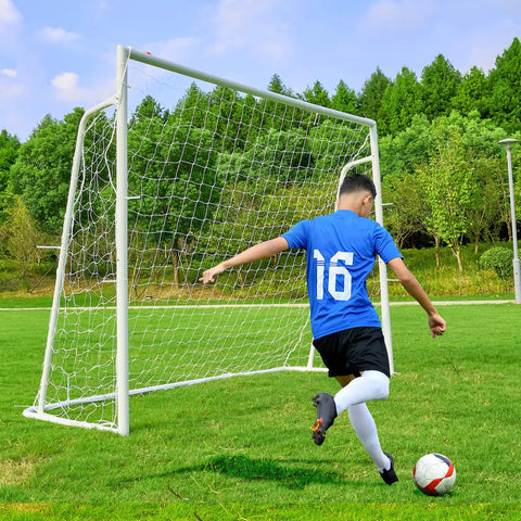 Heavy Duty Backyard Soccer Goals Kit 12x6, 8x6 and 6x4 ft with 2 inch powder coated galvanized steel frame in use by player
