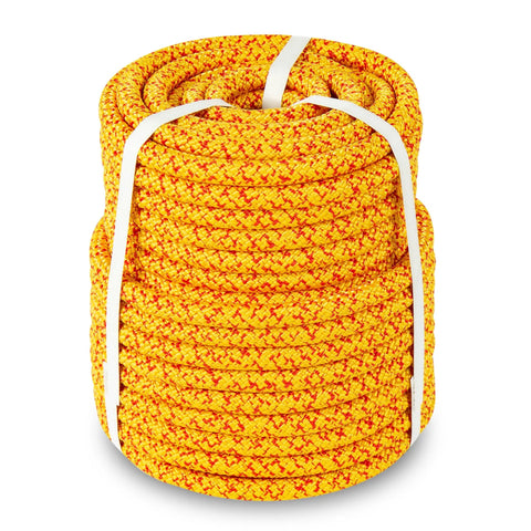 Coiled yellow and red Beefy Double Braided Arborist Rope 1/2 Inch By 125 Feet No Stretch Static Rope With 7200 Lb Working Load