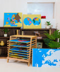 Montessori Wooden World Map Puzzle Set 23 Inch, 8 Geography Puzzles on shelves with control cards, kid-friendly setup