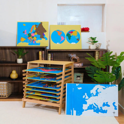 Montessori Wooden World Map Puzzle Set 23 Inch, 8 Geography Puzzles on shelves with control cards, kid-friendly setup