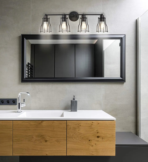 Sleek Oil Rubbed Bronze Modern Industrial Vanity Light With Four Lights And Metal Cage Shade Reversible Wall Sconce above mirror