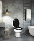 Elongated Black Wooden Toilet Seat With Zinc Alloy Hinges Easy To Install And Clean Scratch Resistant Durable Design Natural Wood Finish For A Dope Look On Most Elongated Toilets in modern bathroom