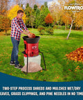 Man using Electric Leaf Mulcher And Shredder No More Bagging For Wet And Dry Leaves Grass Clippings Pine Needles Portable Garden Grinder
