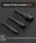 Three Piece Impact Socket Adapter Set For One Quarter Three Eighths And One Half Inch Drives With One Quarter Inch Hex Shank Chrome Vanadium Steel