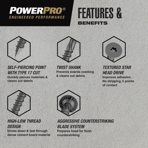 PowerPro features of Crew Approved Gray Wafer Head Cement Board Screws 9 X 1 1/4 Inch with Type 17 Self Drilling Tips.