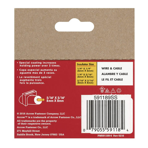 Back of packaging for Stainless Steel Insulated Cable Staples T59 5 16 Inch Leg 5 16 Inch Crown showing specifications and barcode
