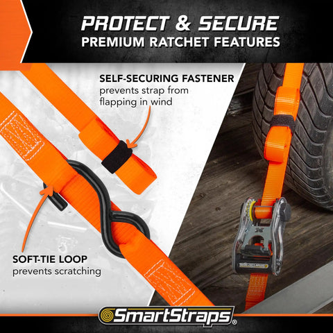 4 Pack 14 Ft Ratchet Straps With Badass 3000 Lb Break Strength And 1000 Lb Safe Work Load showing soft-tie loop and self-securing fastener.
