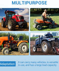 Four tractors in different landscapes illustrating Beefy Heavy Duty Yard Trailer For ATV UTV Tow Dump Cart With 1600 Lbs Capacity, 22 Cu Ft