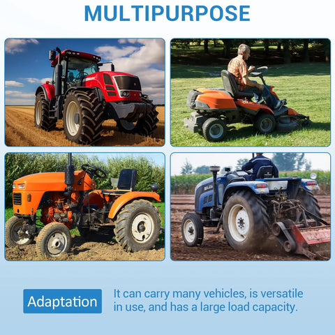 Four tractors in different landscapes illustrating Beefy Heavy Duty Yard Trailer For ATV UTV Tow Dump Cart With 1600 Lbs Capacity, 22 Cu Ft