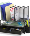 Mesh Desk Organizer With Sliding Drawer And Double Tray, Five Upright Sections For Files And Office Supplies, Black Finish