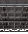 Close-up of Heavy Duty NSF Bin Rack With Seven Tier Steel Wire Shelving And Twelve Removable Gray Bins for organized storage.
