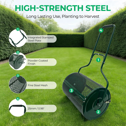24 Inch Compost Spreader For Garden And Lawn, Push Or Tow Behind Roller Spreader For Fertilizer Peat Moss And Compost on grass