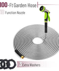 Stainless Steel Garden Hose With 10 Function Spray Nozzle, 100 Ft No Kink Metal Water Hose shown coiled with washers