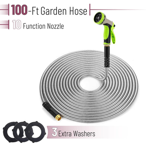 Stainless Steel Garden Hose With 10 Function Spray Nozzle, 100 Ft No Kink Metal Water Hose shown coiled with washers