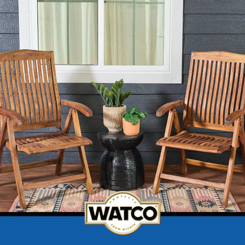 Top Drawer Satin Lacquer Spray Engineered For Heavy Duty Wood Finishing used on teak outdoor chairs and plant decor.