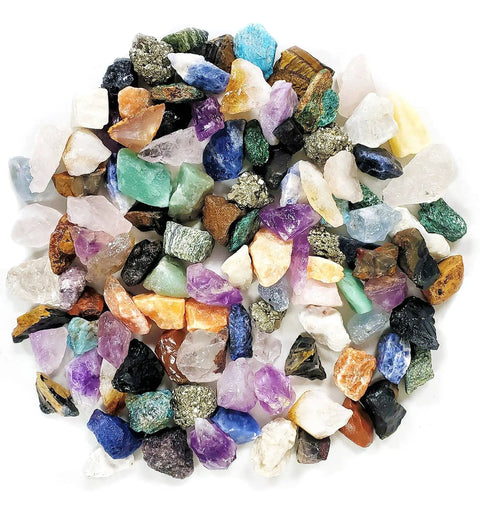 Awesome Kids Rock Collection Kit With 250 Plus Rocks Gemstones Crystals Fossils And Minerals Two Pounds Geology STEM Set For Learning Exploration And Hands On Science Gifts For Boys And Girls Ages Six And Up assorted colorful raw stones on white background