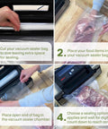 Steps to use Vacuum Sealer Bag Variety Pack With Pre Cut Bags And Uncut Rolls Bag And Roll Combo Clear For Home Food Storage.
