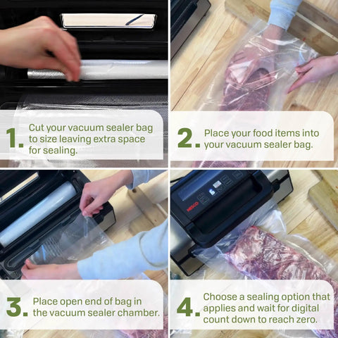 Steps to use Vacuum Sealer Bag Variety Pack With Pre Cut Bags And Uncut Rolls Bag And Roll Combo Clear For Home Food Storage.