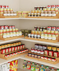 Expandable Bamboo Can Rack Organizer For Pantry With Three Tier Telescopic Design Holds Twenty Four Soda Cans space-saving in a pantry.
