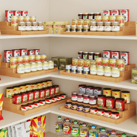 Expandable Bamboo Can Rack Organizer For Pantry With Three Tier Telescopic Design Holds Twenty Four Soda Cans space-saving in a pantry.