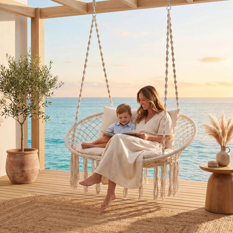 Double Hammock Chair With Cushions For Indoor And Outdoor Hangouts Boho Macrame Swing Seat That Fits Two People Cozy Beige