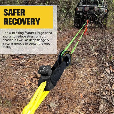 Heavy Duty Synthetic Soft Shackle With Winch Ring And Recovery Ring Snatch Rope Towing Straps Block Pulley Kit for Off Road 4x4 Vehicles in use with Jeep on trail