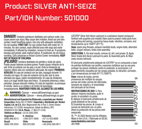 Loctite Silver Anti-Seize Lubricant label on 8 oz petroleum-based bottle with warnings and barcode.