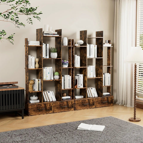 Vintage Industrial Freestanding Bookcase With 12 Shelves And 2 Drawers In Rustic Brown Finish For Living Room Bedroom Study Or Home Office A Dope Space Saving Storage Organizer That Showcases Books Decor And More in a cozy living room setting with plants and books.