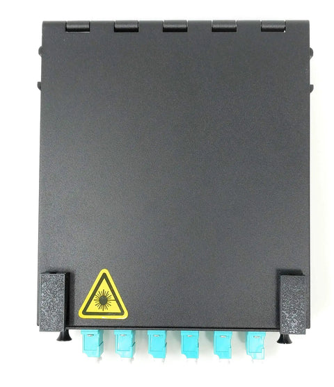Front view of Wall Mount Fiber Enclosure with Spool and Loaded 6 Port LC UPC OM3 Multimode Duplex LGX Panel Black Pro Grade