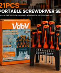 Premium 21-Piece Magnetic Screwdriver Kit With CRV Steel Bits For Torx Phillips Slotted Fastening. Box and rack set shown