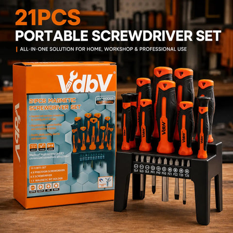Premium 21-Piece Magnetic Screwdriver Kit With CRV Steel Bits For Torx Phillips Slotted Fastening. Box and rack set shown
