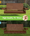 Two Seater Front Porch Swing With Cupholders Wooden Outdoor Swing Bench in Teak Tone Finish showing sun and rain resistance.