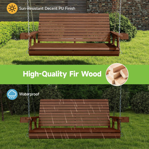 Two Seater Front Porch Swing With Cupholders Wooden Outdoor Swing Bench in Teak Tone Finish showing sun and rain resistance.
