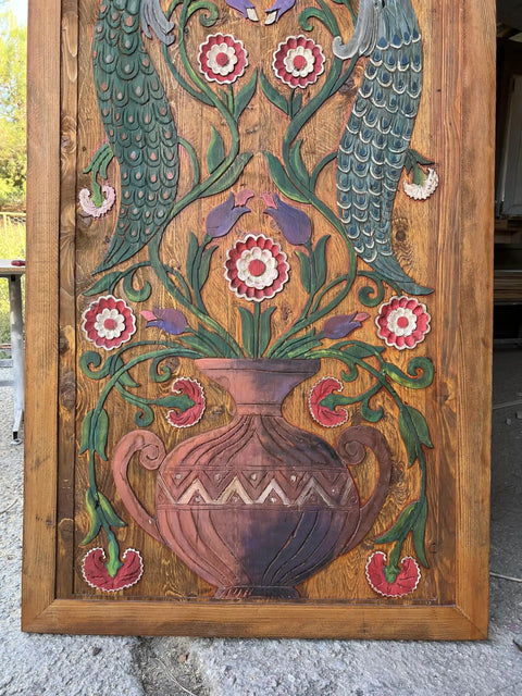 Handcrafted Wooden Sliding Barn Door With Peacock And Floral Design For Rustic Farmhouse Cabin Decor Hand Painted Distressed Wood Door For Mountain And Lake Homes featuring carved floral vase and peacock details