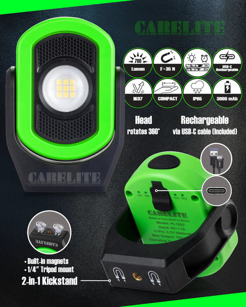 Pocket LED Work Light 780 Lumens, Rechargeable 3000mAh, 360 Degree Pivot, Durable And Ultra Portable For Mechanics And Jobsites, 3 Brightness Modes 190 390 780, Green 1 Pack with USB-C port shown.