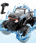 Amphibious RC Car For Land And Water With 1 To 16 Scale Four Wheel Drive Beast Mode Monster Truck And 360 Degree Rotation Waterproof Stunt Vehicle Two Point Four Gigahertz Anti Jamming Remote All Terrain RC Boat In Blue, splashing water